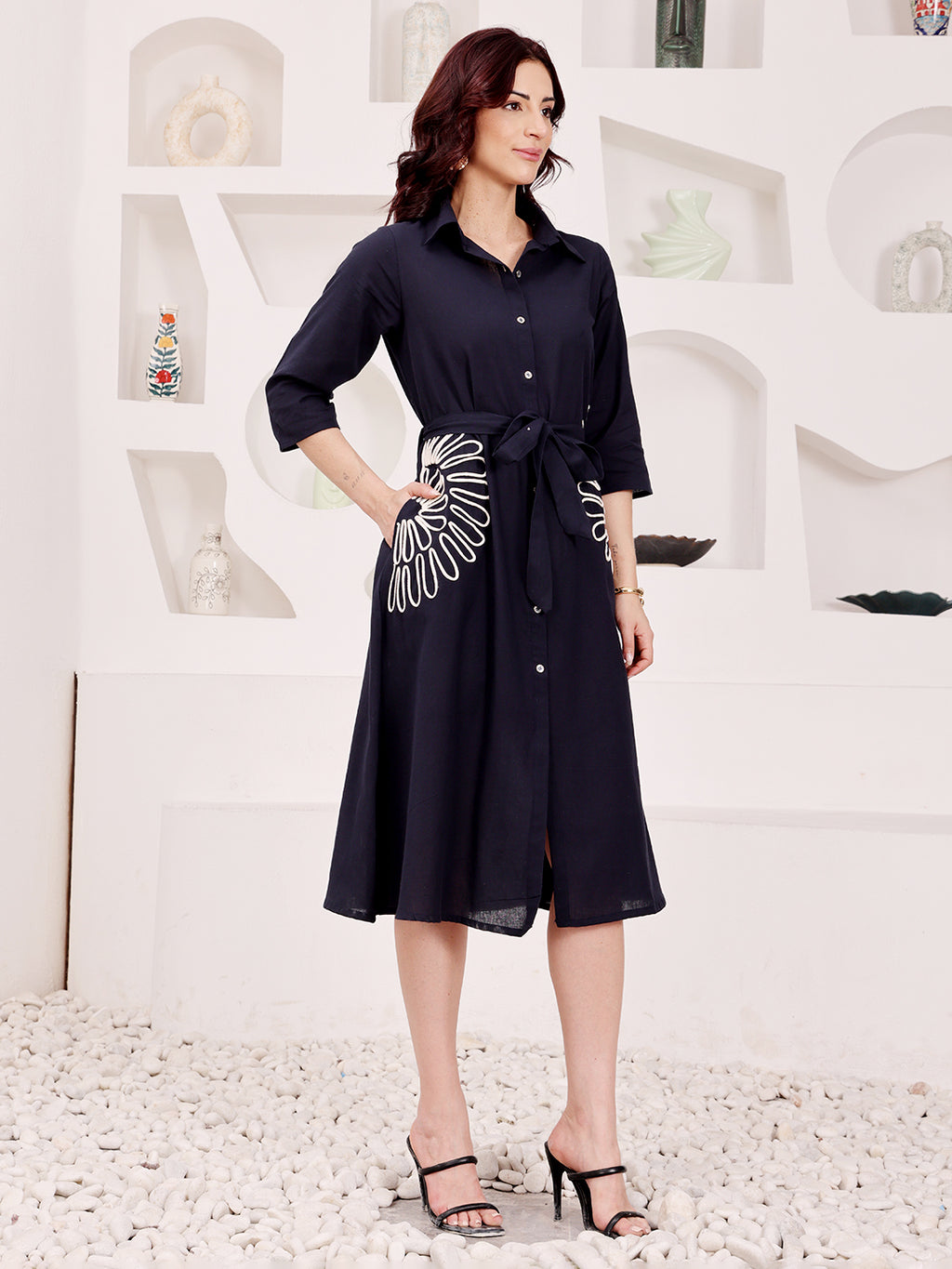 Navy Blue Floral Embroidered Shirt Dress With Belt