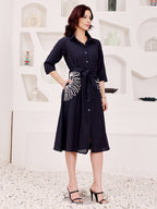 Navy Blue Floral Embroidered Shirt Dress With Belt
