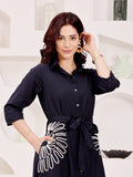 Navy Blue Floral Embroidered Shirt Dress With Belt