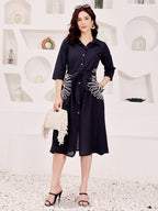 Navy Blue Floral Embroidered Shirt Dress With Belt