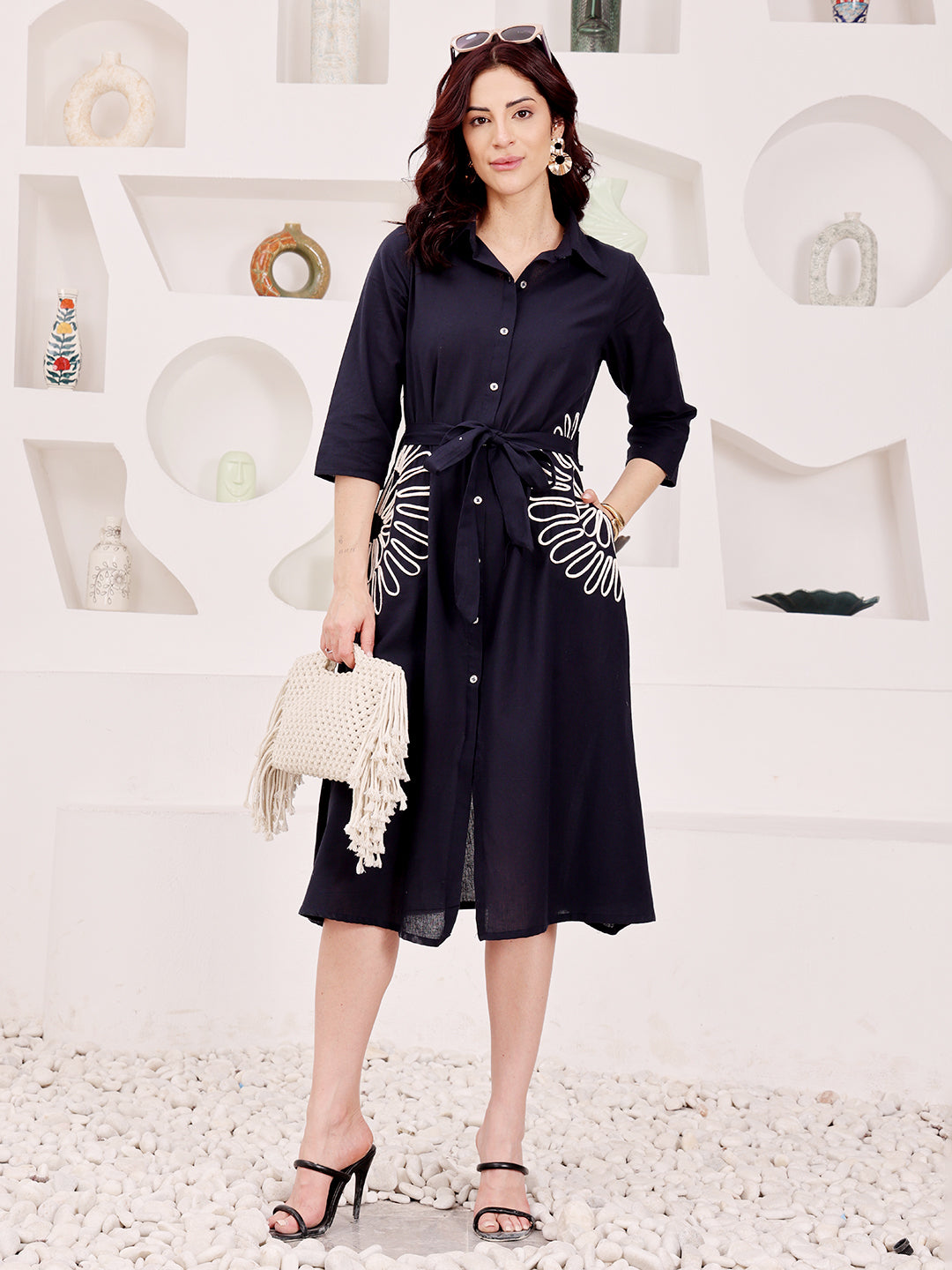 Navy Blue Floral Embroidered Shirt Dress With Belt