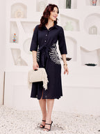 Navy Blue Floral Embroidered Shirt Dress With Belt