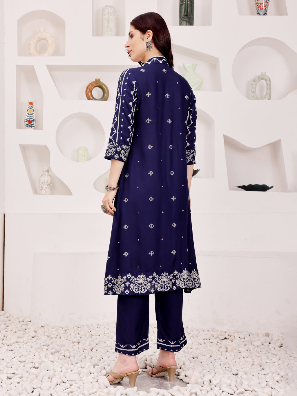 Navy Blue Embroidered Kurta Pant Set For Women