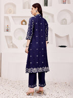 Navy Blue Embroidered Kurta Pant Set For Women