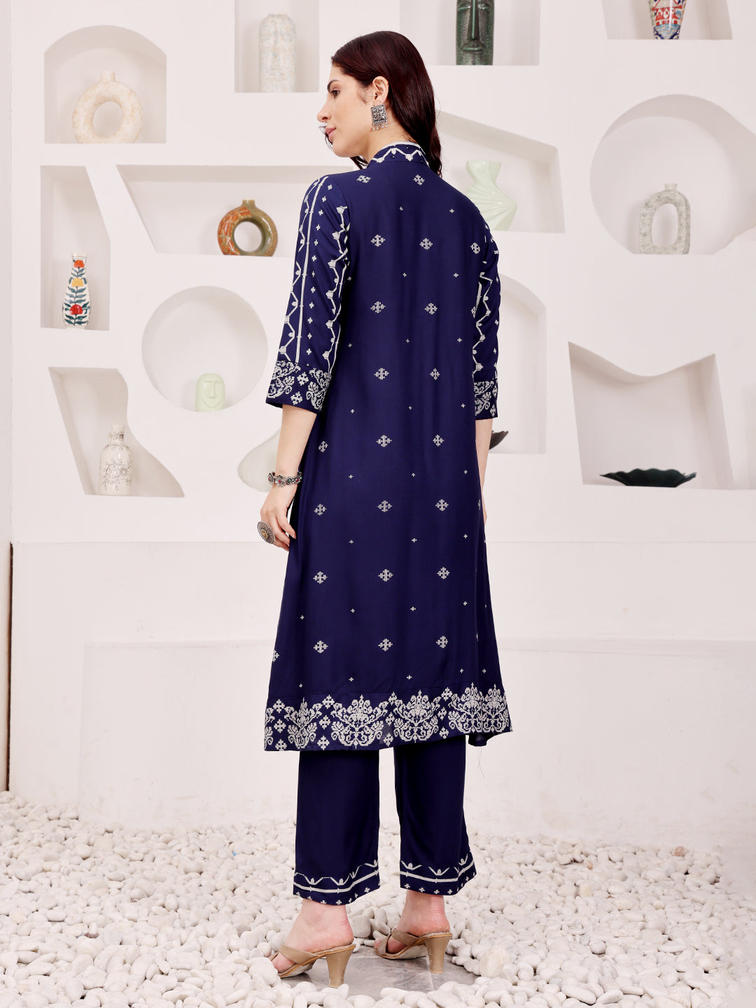Navy Blue Embroidered Kurta Pant Set For Women