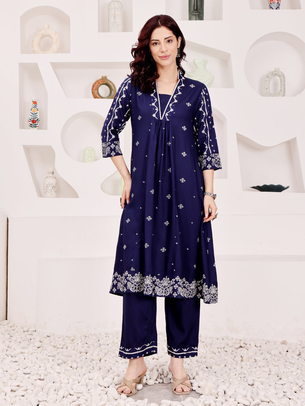 Navy Blue Embroidered Kurta Pant Set For Women