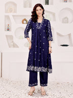 Navy Blue Embroidered Kurta Pant Set For Women