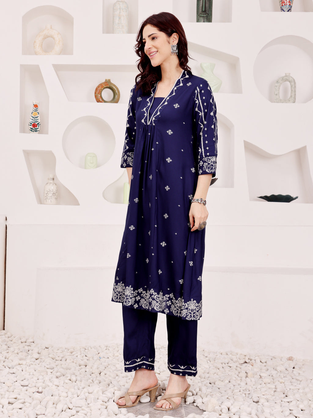 Navy Blue Embroidered Kurta Pant Set For Women