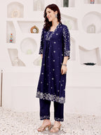 Navy Blue Embroidered Kurta Pant Set For Women