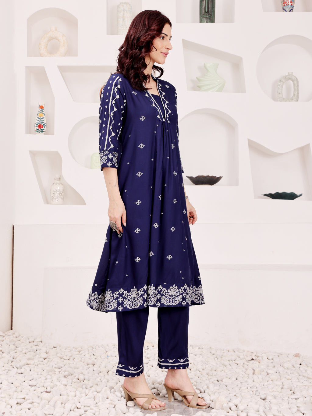 Navy Blue Embroidered Kurta Pant Set For Women