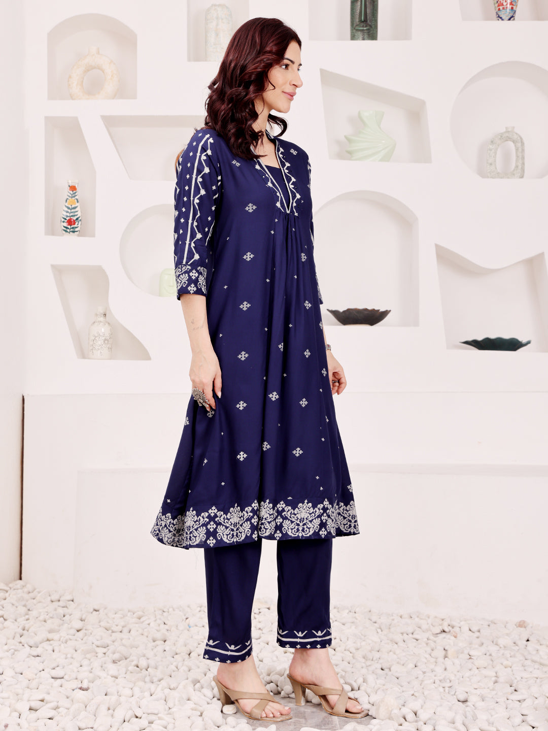 Navy Blue Embroidered Kurta Pant Set For Women