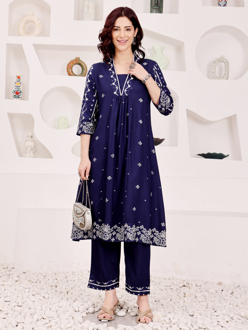 Navy Blue Embroidered Kurta Pant Set For Women
