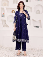 Navy Blue Embroidered Kurta Pant Set For Women