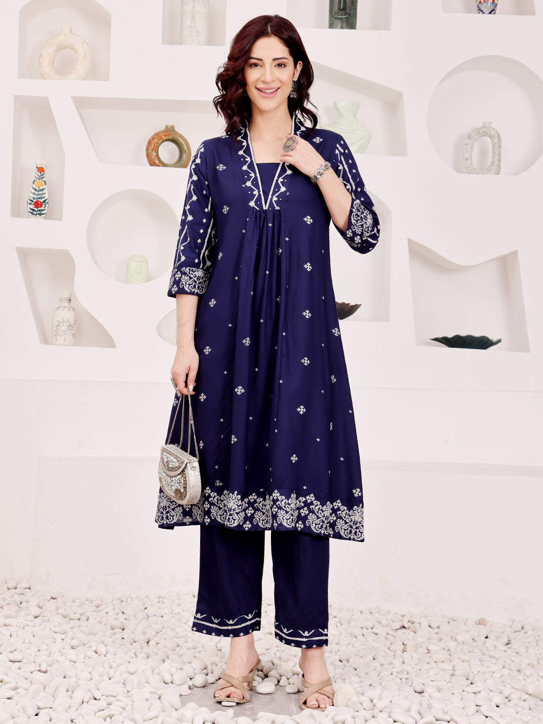 Navy Blue Embroidered Kurta Pant Set For Women