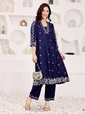 Navy Blue Embroidered Kurta Pant Set For Women