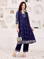 Navy Blue Embroidered Kurta Pant Set For Women