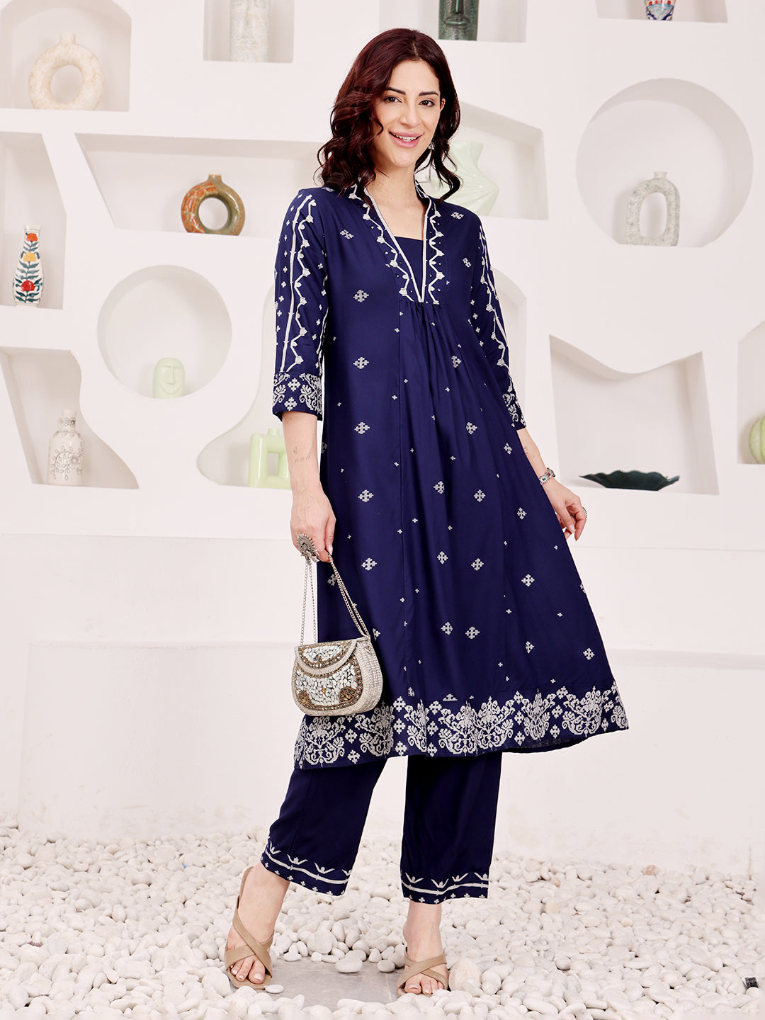 Navy Blue Embroidered Kurta Pant Set For Women