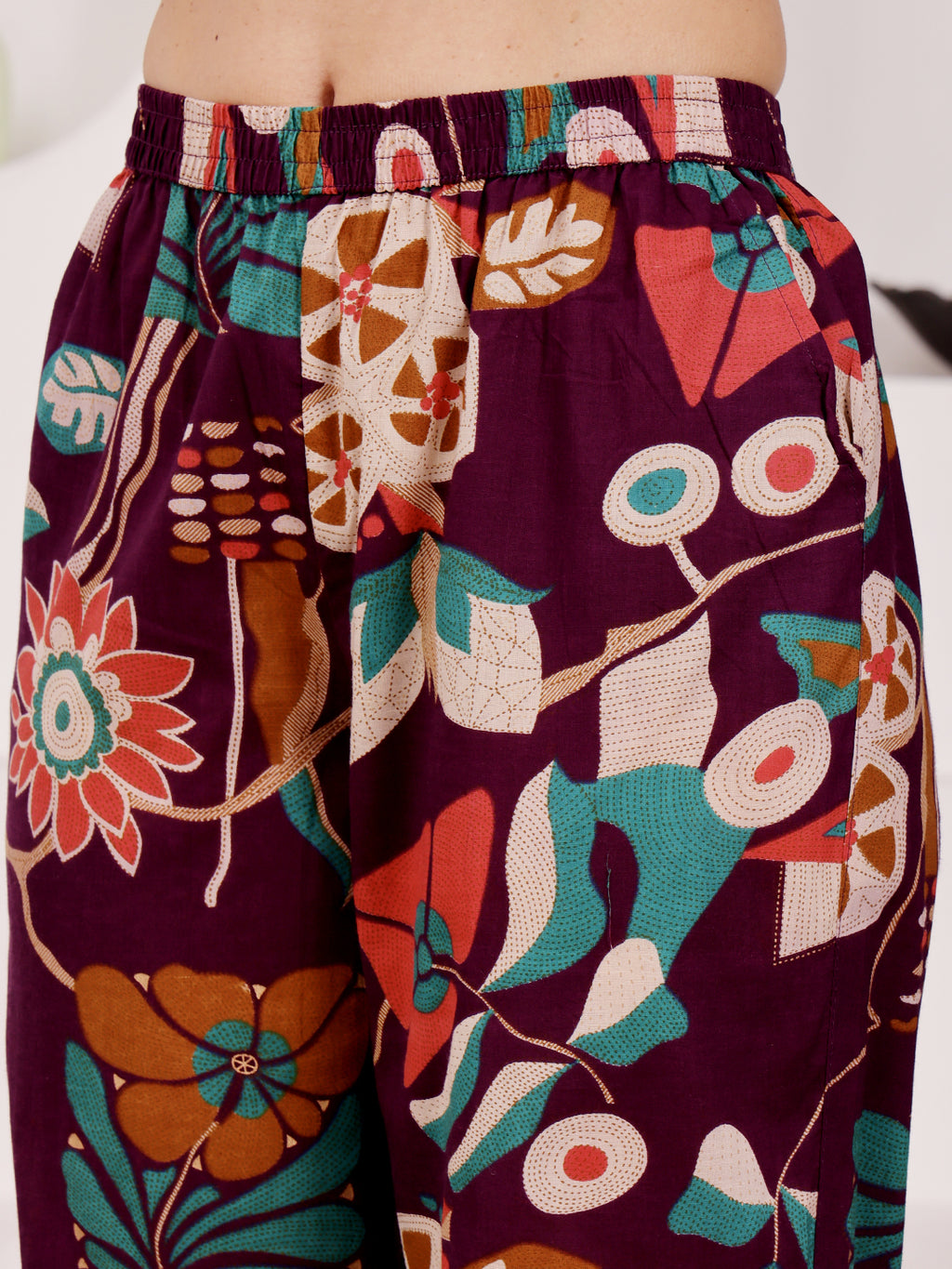 Plum Purple Multicolor Floral Printed Co-Ord Set With Striped Panel Detailing
