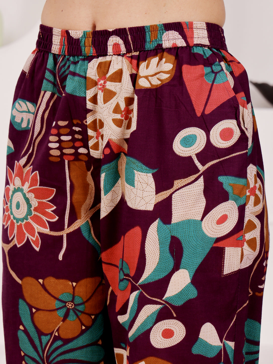 Plum Purple Multicolor Floral Printed Co-Ord Set With Striped Panel Detailing