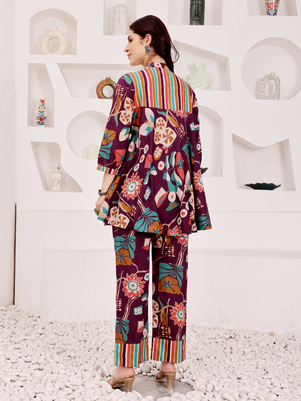 Plum Purple Multicolor Floral Printed Co-Ord Set With Striped Panel Detailing