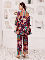 Plum Purple Multicolor Floral Printed Co-Ord Set With Striped Panel Detailing