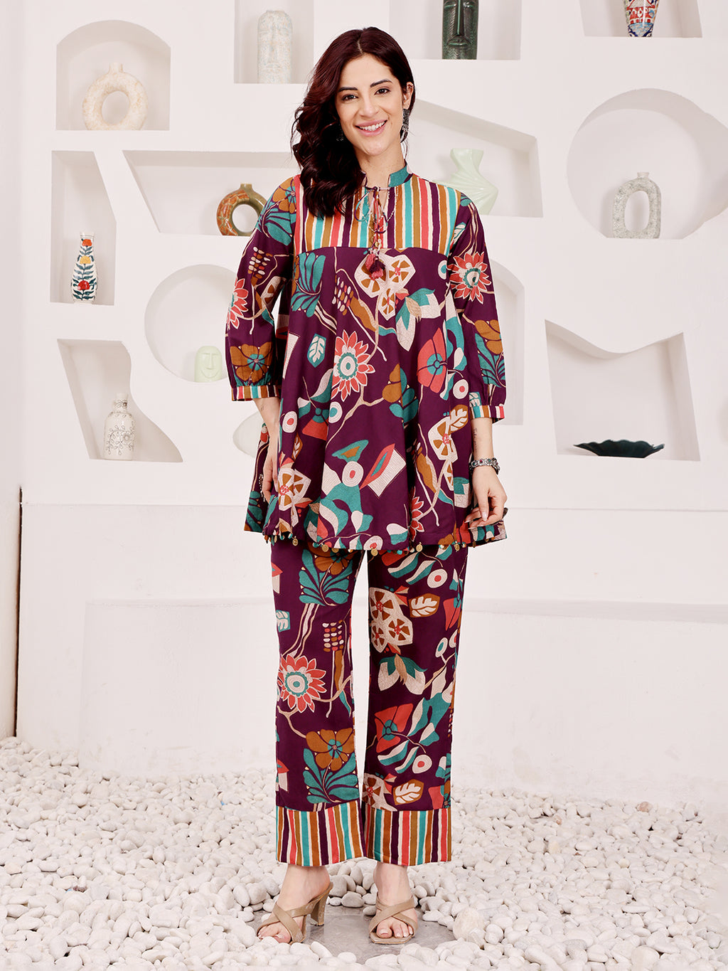 Plum Purple Multicolor Floral Printed Co-Ord Set With Striped Panel Detailing