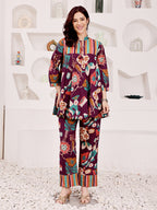 Plum Purple Multicolor Floral Printed Co-Ord Set With Striped Panel Detailing