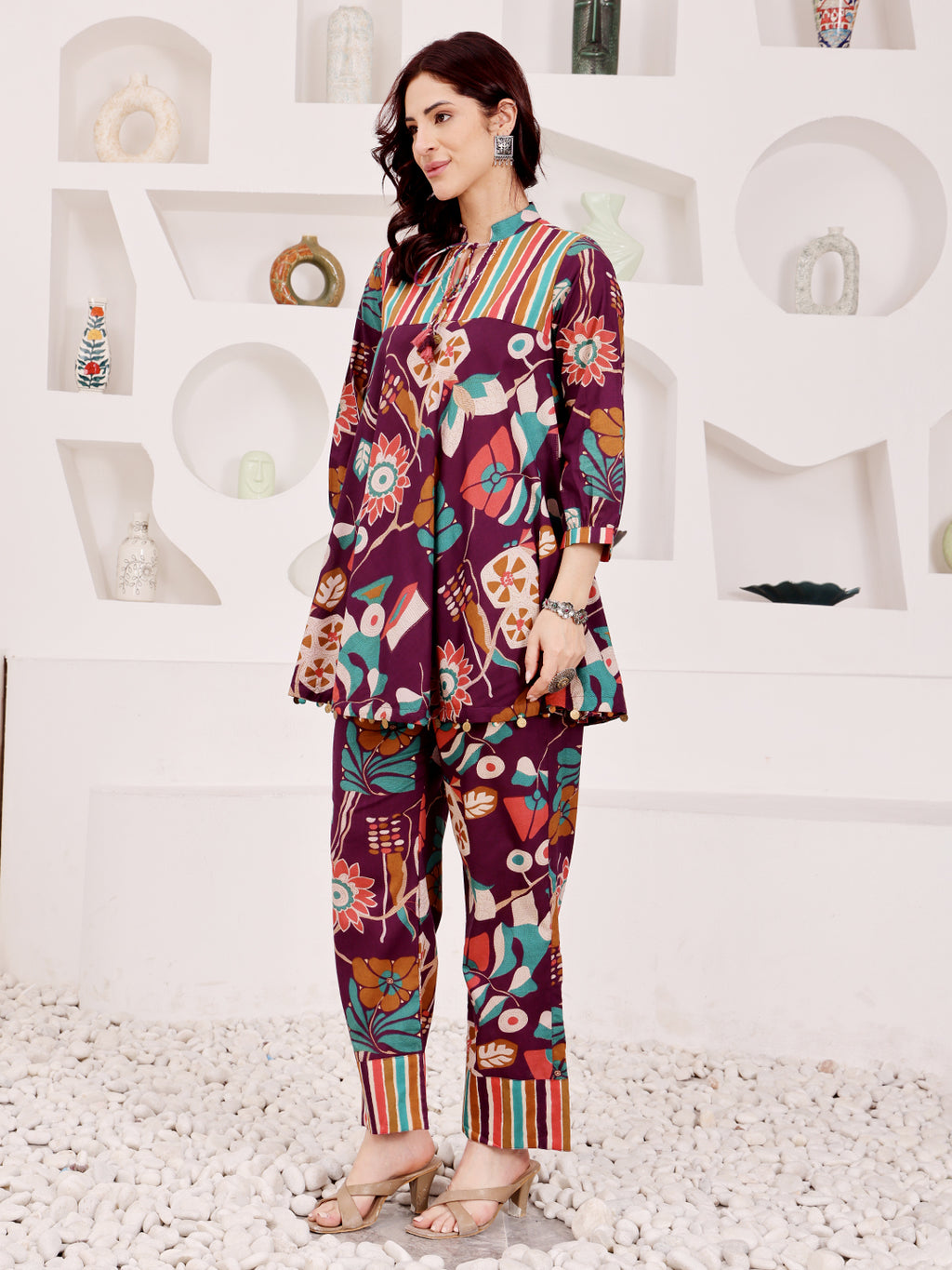 Plum Purple Multicolor Floral Printed Co-Ord Set With Striped Panel Detailing