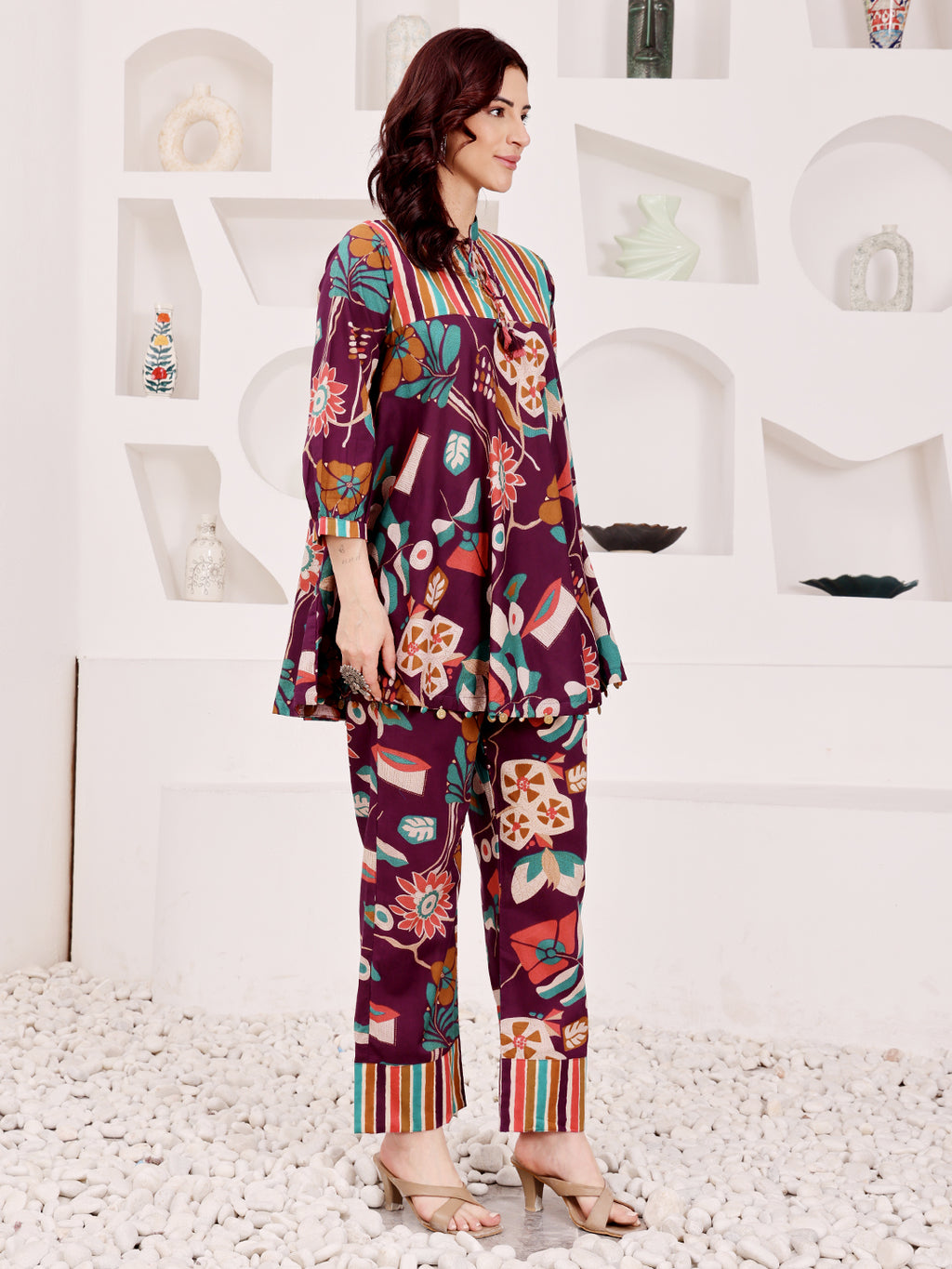 Plum Purple Multicolor Floral Printed Co-Ord Set With Striped Panel Detailing