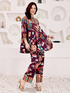 Plum Purple Multicolor Floral Printed Co-Ord Set With Striped Panel Detailing