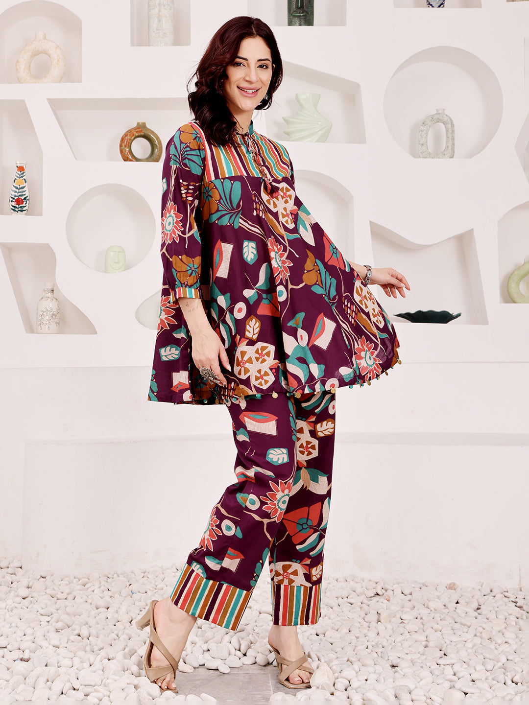 Plum Purple Multicolor Floral Printed Co-Ord Set With Striped Panel Detailing