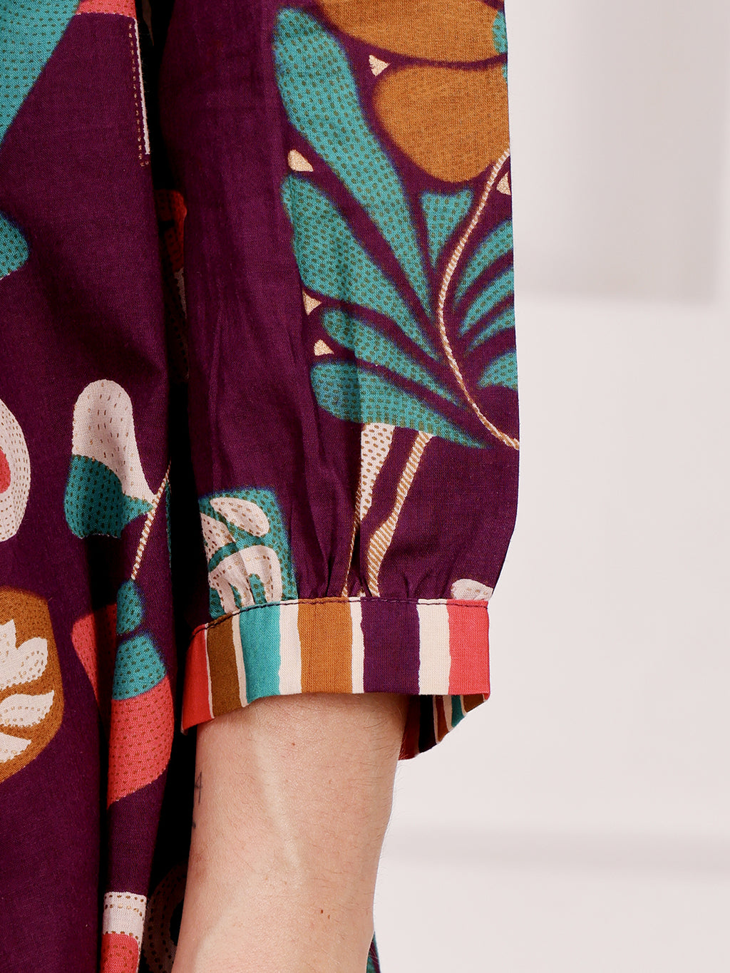 Plum Purple Multicolor Floral Printed Co-Ord Set With Striped Panel Detailing