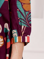 Plum Purple Multicolor Floral Printed Co-Ord Set With Striped Panel Detailing