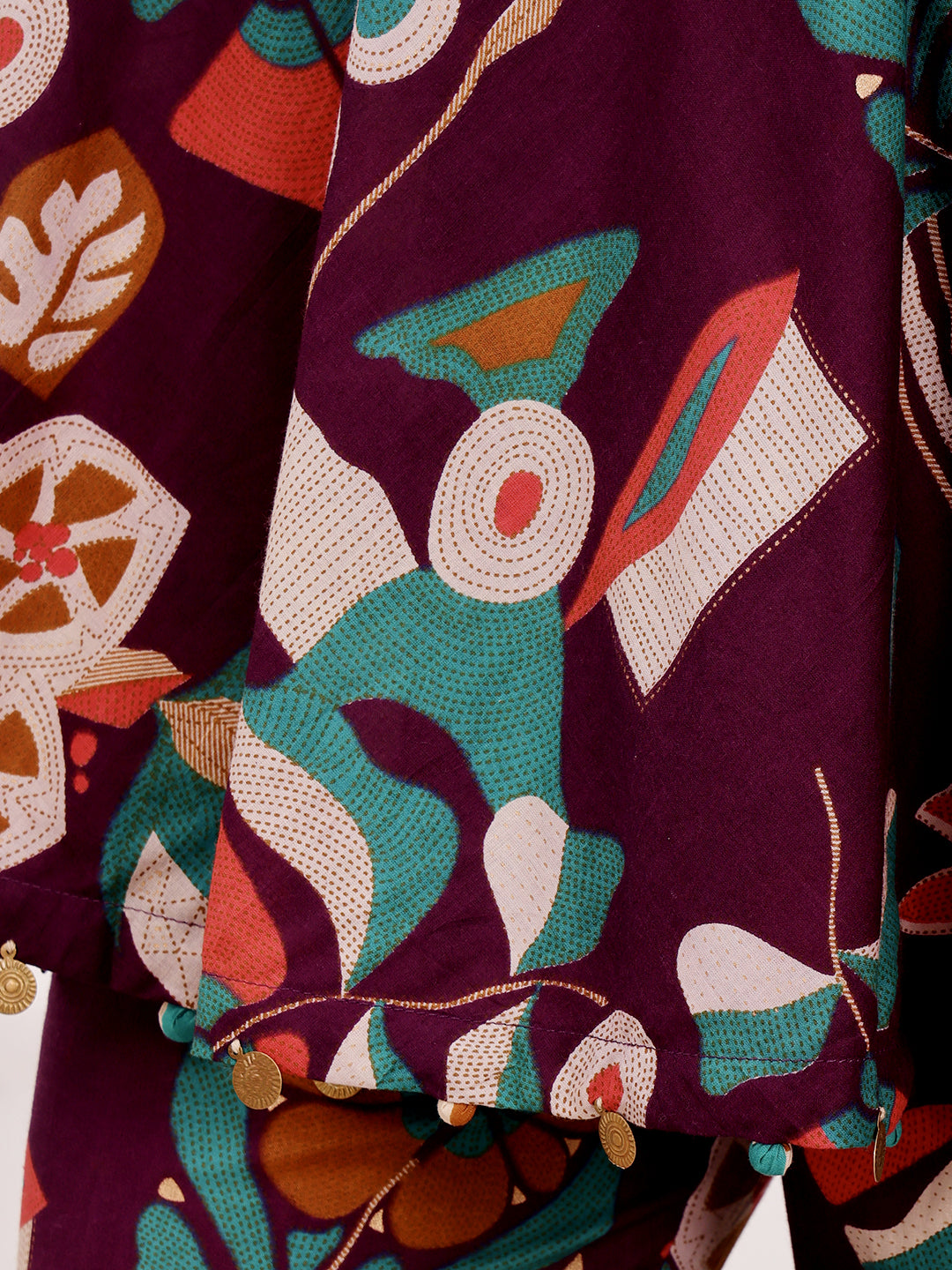 Plum Purple Multicolor Floral Printed Co-Ord Set With Striped Panel Detailing