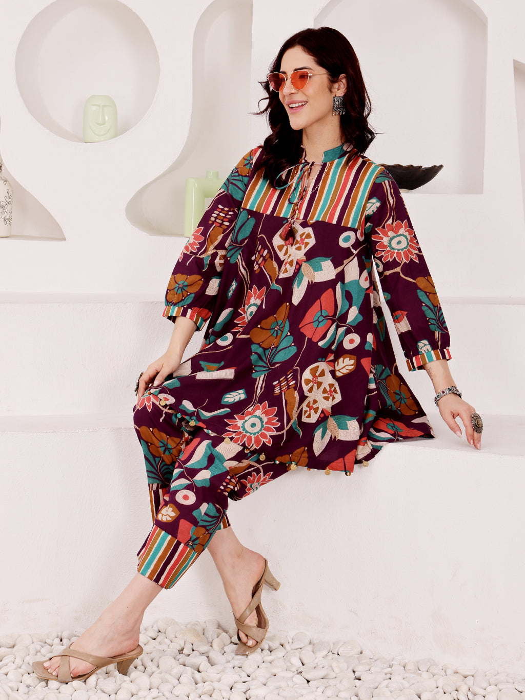 Plum Purple Multicolor Floral Printed Co-Ord Set With Striped Panel Detailing