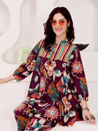 Plum Purple Multicolor Floral Printed Co-Ord Set With Striped Panel Detailing