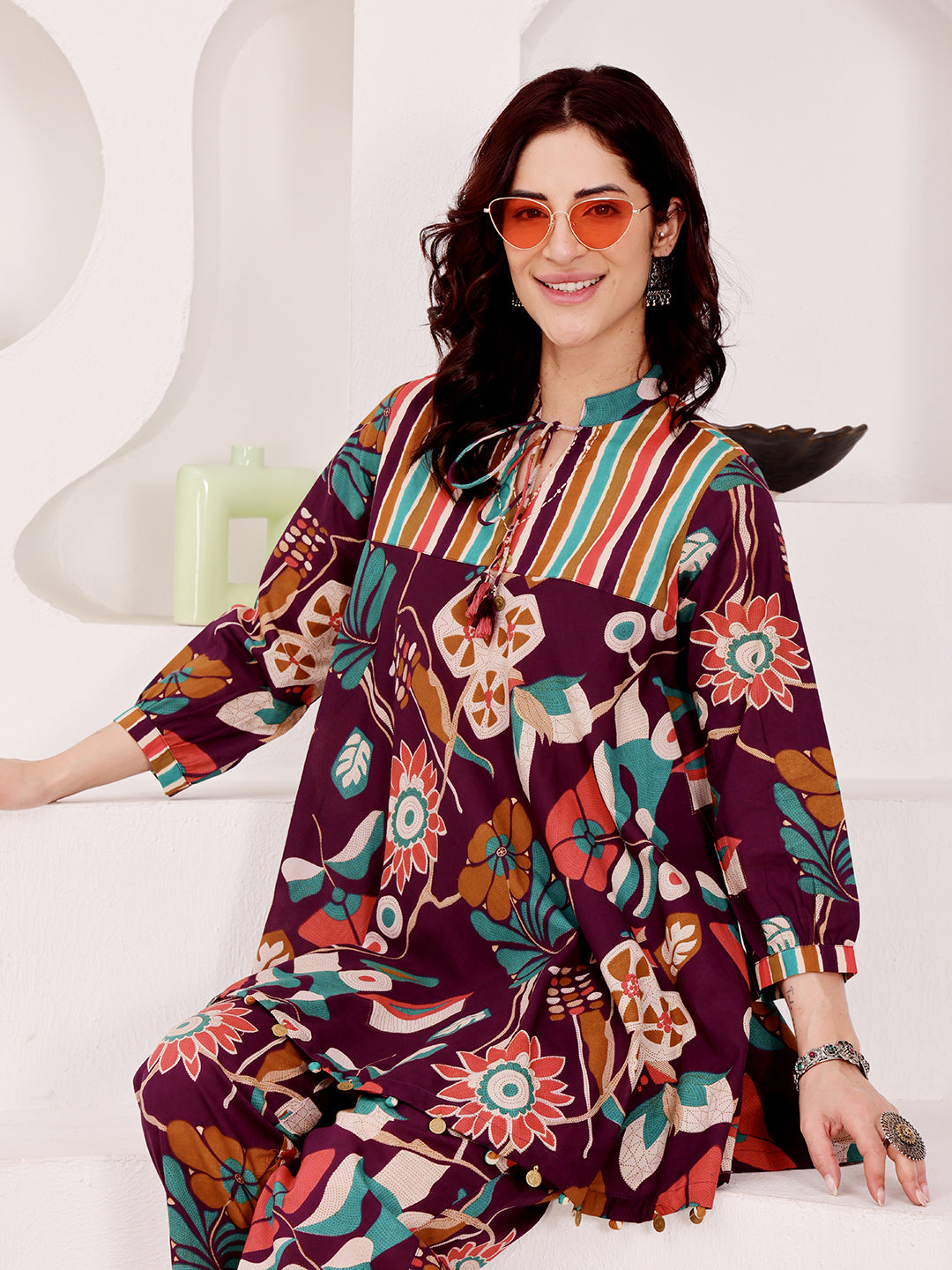 Plum Purple Multicolor Floral Printed Co-Ord Set With Striped Panel Detailing