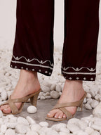 Brown Embroidered Ethnic Kurta Pant Set For Women