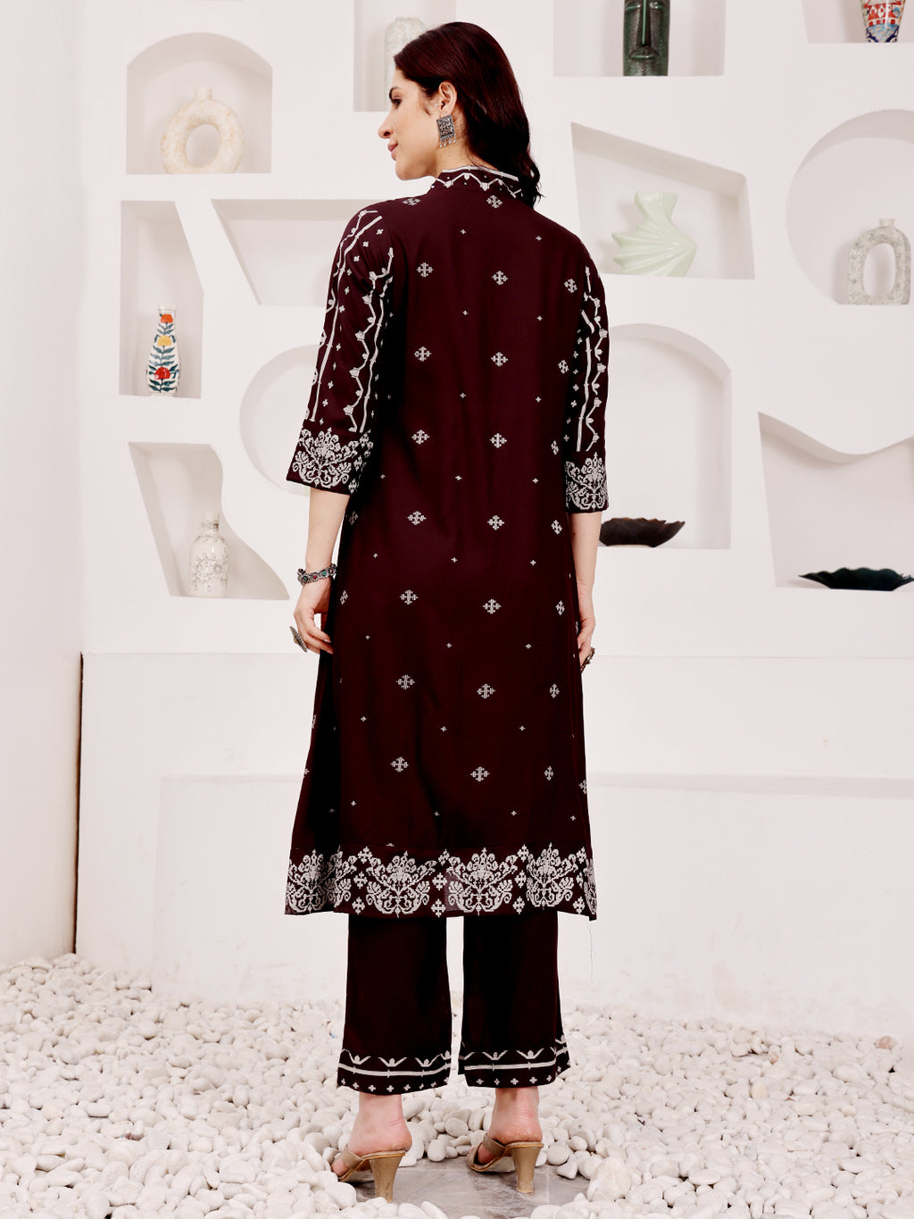 Brown Embroidered Ethnic Kurta Pant Set For Women