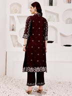 Brown Embroidered Ethnic Kurta Pant Set For Women