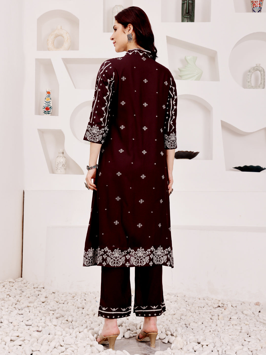 Brown Embroidered Ethnic Kurta Pant Set For Women