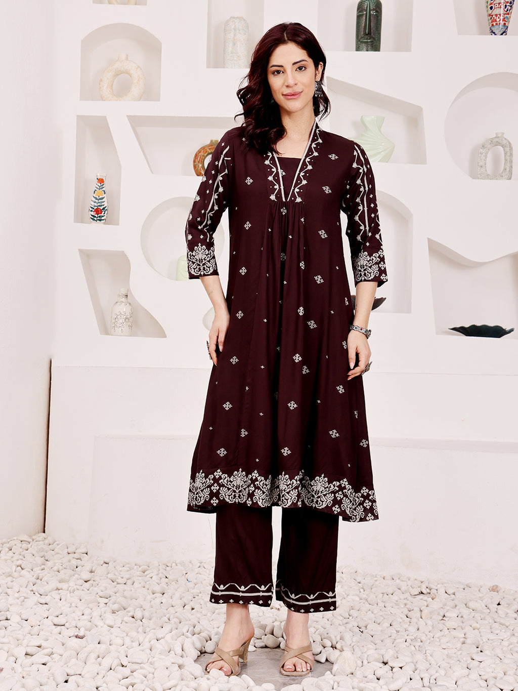Brown Embroidered Ethnic Kurta Pant Set For Women