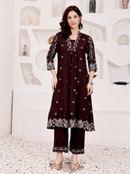 Brown Embroidered Ethnic Kurta Pant Set For Women