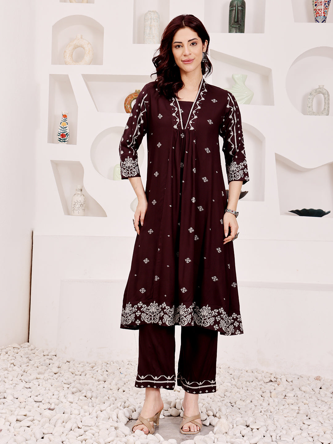 Brown Embroidered Ethnic Kurta Pant Set For Women