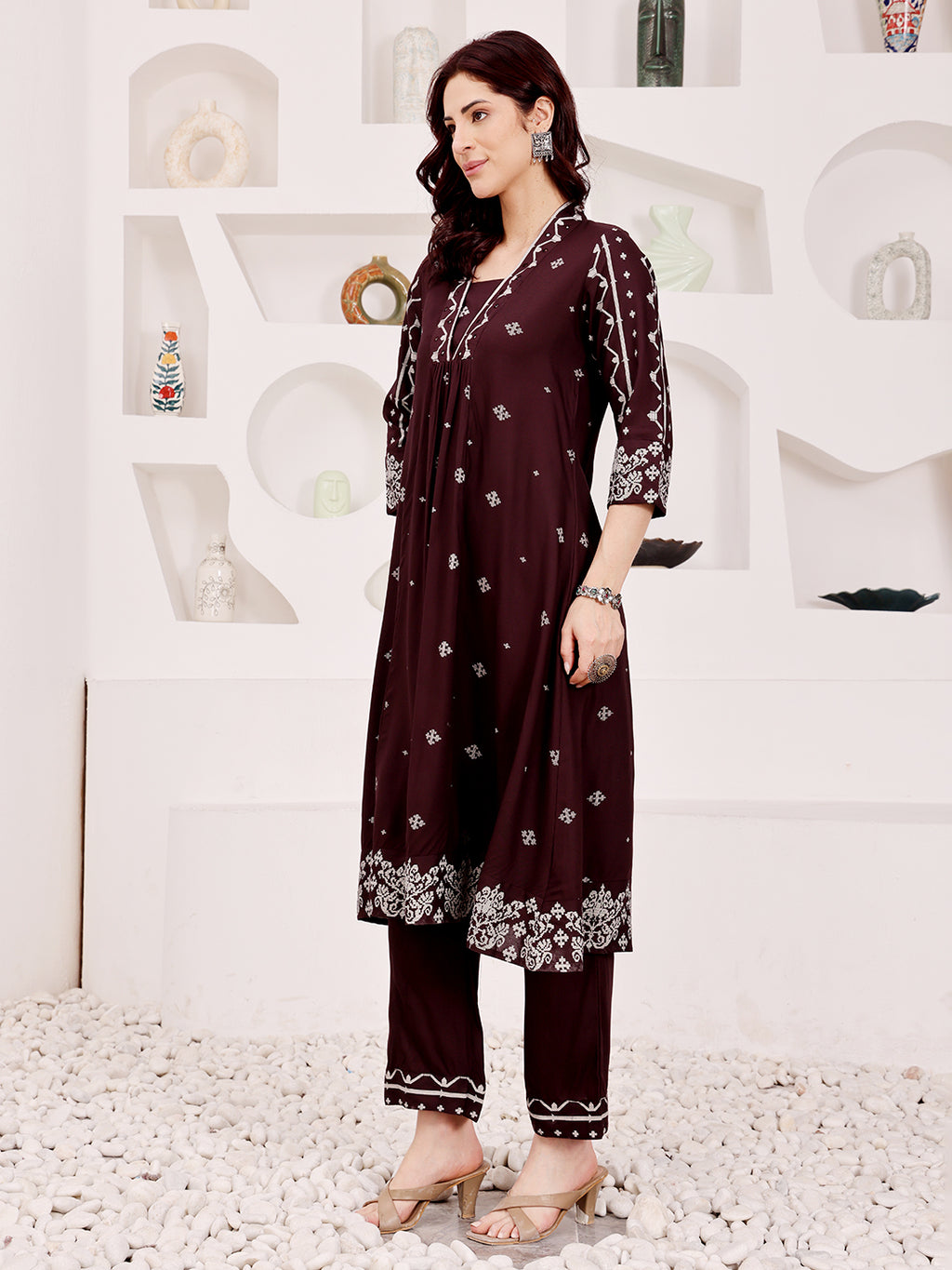 Brown Embroidered Ethnic Kurta Pant Set For Women