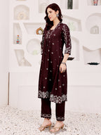 Brown Embroidered Ethnic Kurta Pant Set For Women