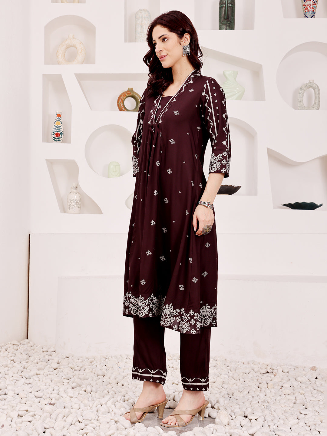 Brown Embroidered Ethnic Kurta Pant Set For Women
