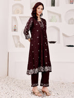 Brown Embroidered Ethnic Kurta Pant Set For Women