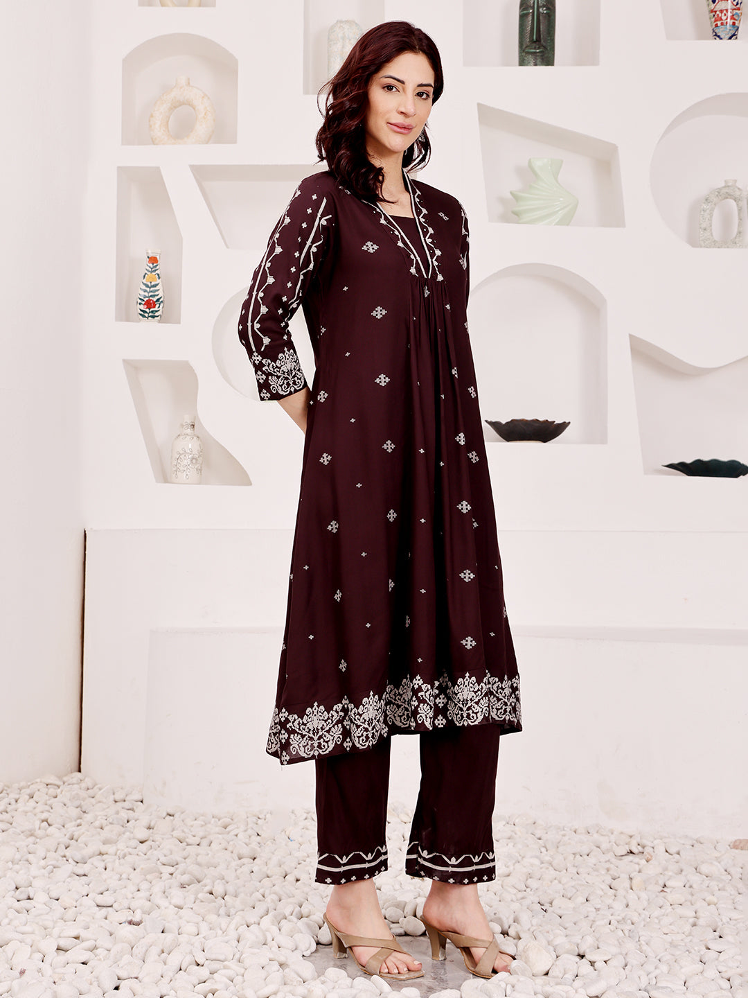 Brown Embroidered Ethnic Kurta Pant Set For Women