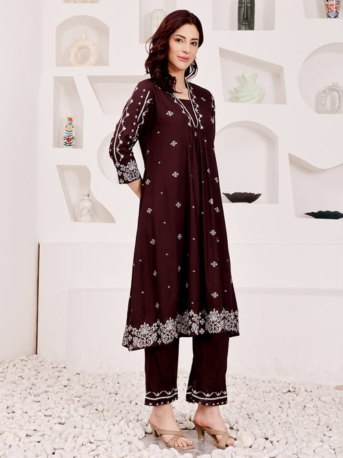 Brown Embroidered Ethnic Kurta Pant Set For Women